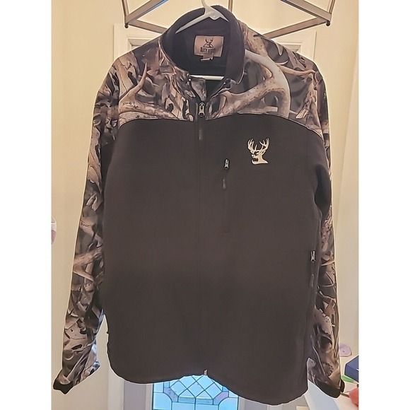 BUCK WEAR Mens Black Camo Soft Shell Jacket‎ L  Zip Pockets, Full Zip - Picture 1 of 11